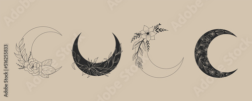 Boho floral moon. Flowers in trendy linear minimal style, outline emblem for jewelry, handmade masters, cosmetics. Spa, beauty and tattoo salon, mystery feminine symbol, esoteric astronomy vector set