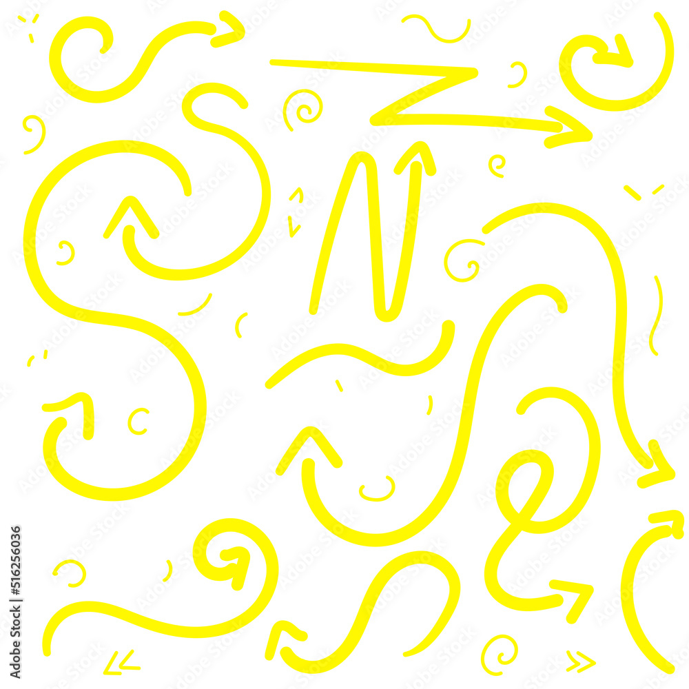 Set of hand drawn yellow arrow doodles on white