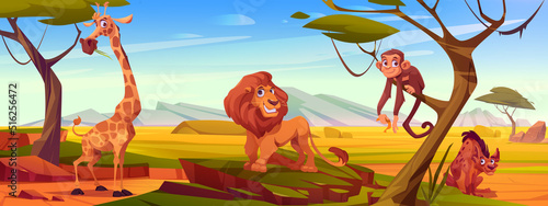Cartoon african animals in savannah landscape, wild hyena, giraffe, lion and monkey in outdoor safari park, jungle inhabitants in zoo area, exotic creatures, wildlife of Africa, Vector illustration