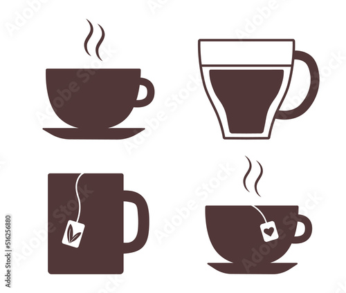Set of Hot tea cups icon. Cup of steamed coffee with saucer