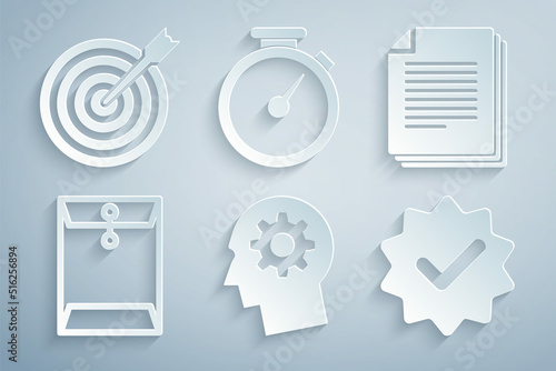 Set Human head with gear inside, Document, Envelope, Approved and check mark, Stopwatch and Target arrow icon. Vector