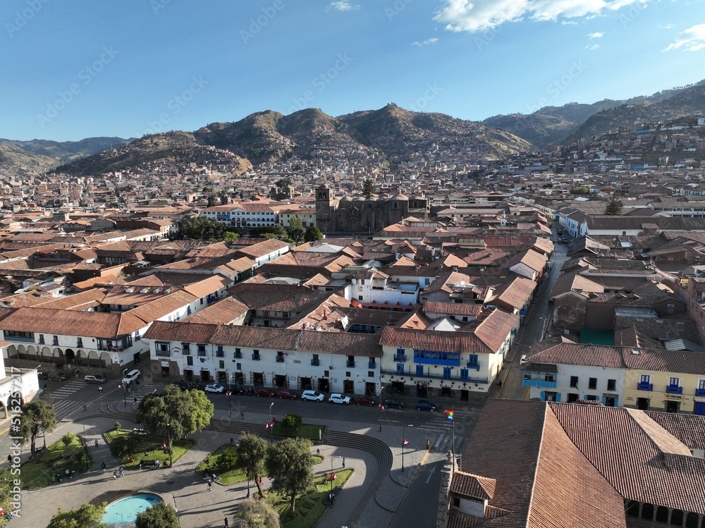 Aerial View of Cusco Peru with the historic downtown and Cathedral