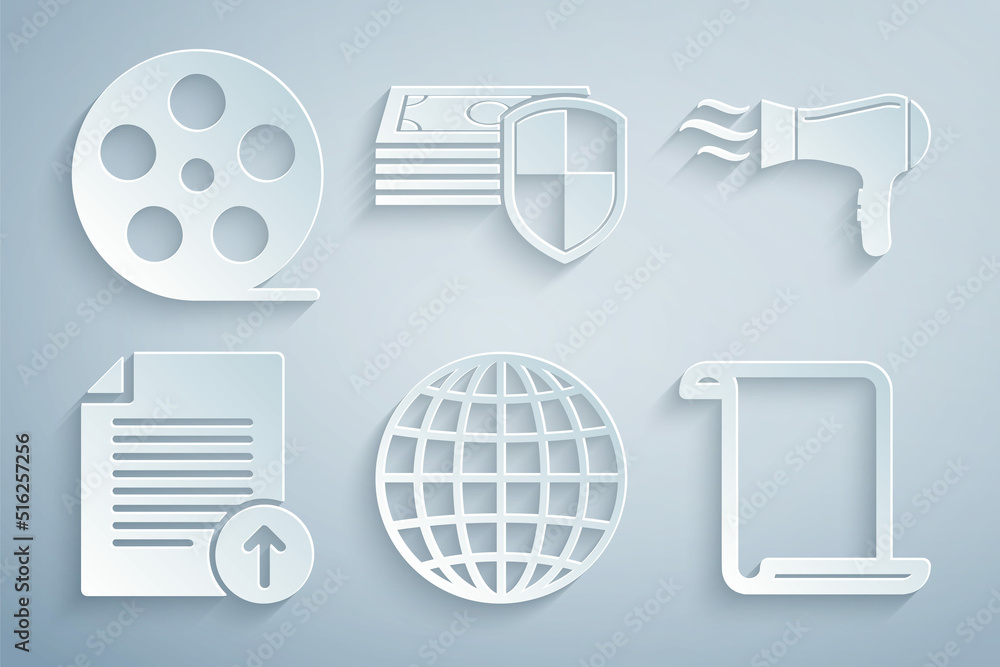 Set Earth globe, Hair dryer, Upload file, Paper scroll, Money protection and Film reel icon. Vector Set Earth globe, Hair dryer, Upload file, Paper scroll, Money protection and Film reel icon. Vector