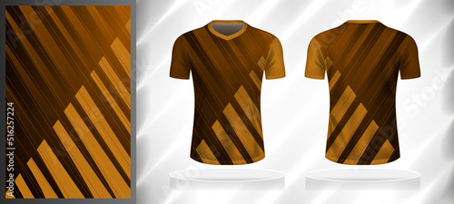 Vector sport pattern design template for V-neck T-shirt front and back with short sleeve view mockup. Dark and light shades of brown color oblique line texture background illustration.