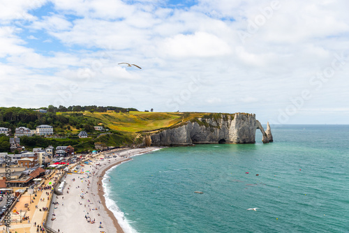 Amazing view of the beach in Normandy in France in the town of etritat from a height of the English Channel and rocks. photo