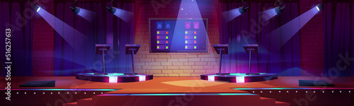 Quiz game stage interior with stands, spotlights, questions on digital screen. Modern scene for intellectual tv program, competition, television trivia show. Cartoon vector illustration, 2d background