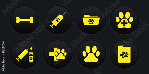 Set Syringe with pet vaccine, Veterinary clinic, , Paw print, Medical veterinary record folder and icon. Vector