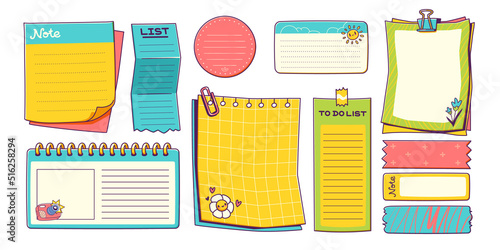 Paper sticky notes, stickers, to do list or memo messages. Notepads and torn sheets, blank pages of meeting reminder, office notice or information board for appointment notificaton Cartoon vector set