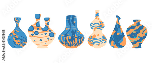Contemporary ceramic vases, modern jugs, pots. Home decoration, porcelain pottery with colorful paintings. Decorative elements, collection for interior design, Cartoon vector illustration, icons set