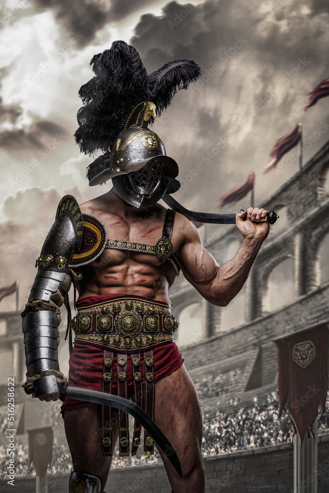 Portrait of dramatic gladiator with muscular build holding two swords in ancient arena. Portrait of dramatic gladiator with muscular build holding two swords in ancient arena.