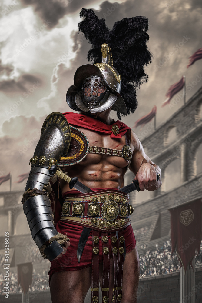 Art of antique arena fighter dressed in red cape and plumed helmet posing in coliseum.