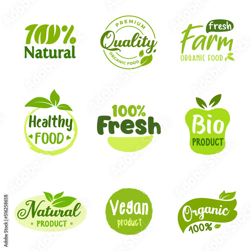 Premium organic food eco bio logo badge quality farm fresh and natural ecology icon template, hand drawn healthy vegan sign label element set