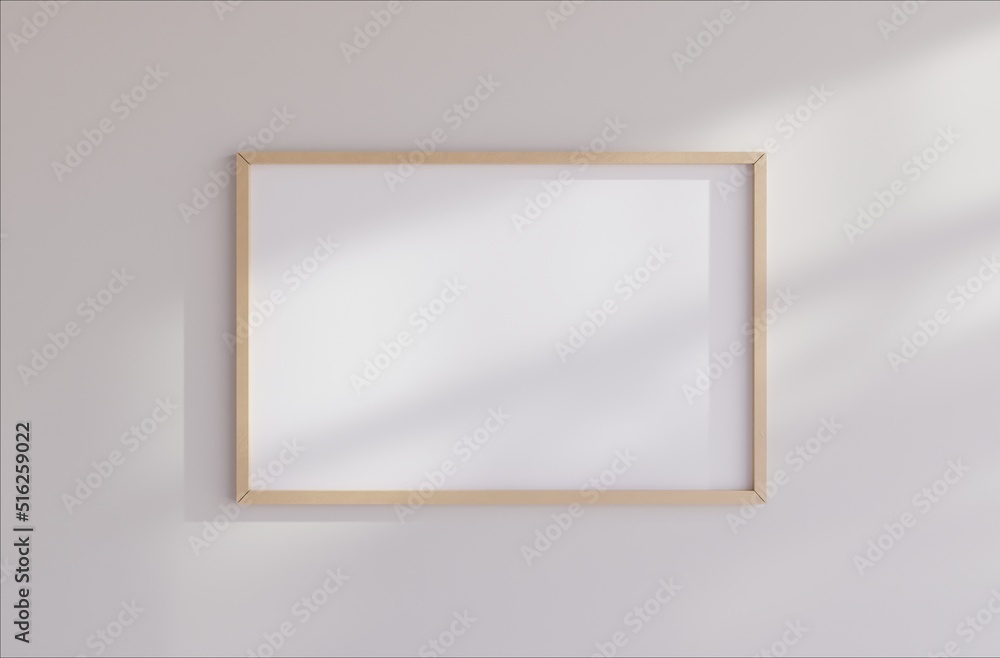 Wooden one horizontal frame mockup on the wall with white background Minimalist home. Boho style. 3D illustrations. Wooden one horizontal frame mockup on the wall with white background Minimalist home. Boho style. 3D illustrations.