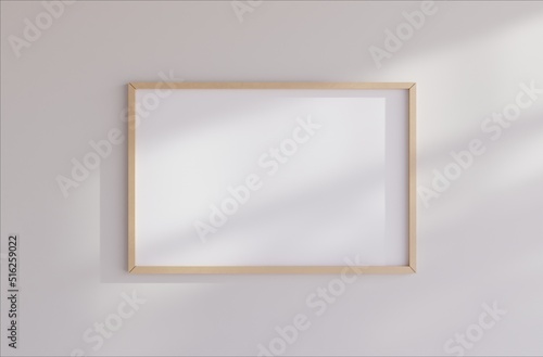 Wooden one horizontal frame mockup on the wall with white background Minimalist home. Boho style. 3D illustrations.
