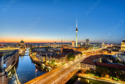 Downtown Berlin at twilight with the TV Tower, the river Spree and the cathedral © elxeneize