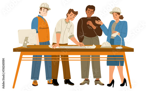 Architects and builders learn house plan around table. Construction workers, engineers or foreman architecture employees in helmets discuss blueprint lying on desk, Line art flat vector illustration
