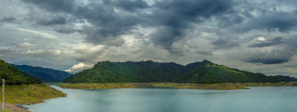 Mountain in lake at Khun Dan Prakarn Chon Dam Nakhon nayok Thailand.