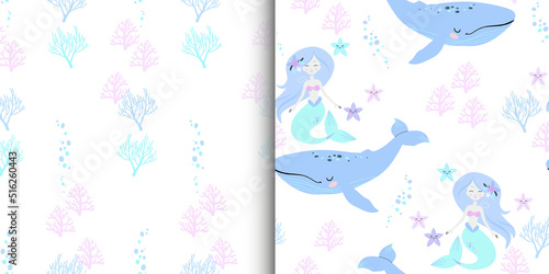 Cute vector illustration of a mermaid, a starfish and a fish. Template for various types of printing. Cute pictures for patterns, textiles, printing and postcards.
Web