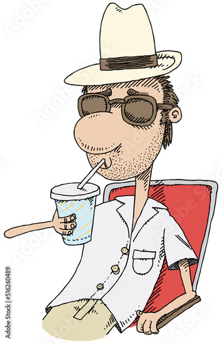 A grizzled, undercover detective sipping a drink through a star in summer vacation clothes.