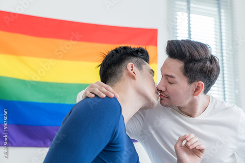 Portrait of Asian handsome man gay hug and kissing each other with love. 