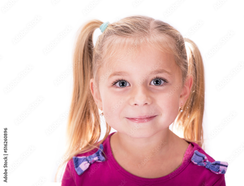 Concept happy and beauty kid . Portrait of a happy smiling child girl on a white background Concept happy and beauty kid . Portrait of a happy smiling child girl on a white background