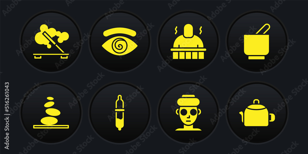 Set Stack hot stones, Mortar and pestle, Pipette, Facial cosmetic mask, Sauna spa procedures, Hypnosis, Kettle with handle and Scented stick icon. Vector Set Stack hot stones, Mortar and pestle, Pipette, Facial cosmetic mask, Sauna spa procedures, Hypnosis, Kettle with handle and Scented stick icon. Vector