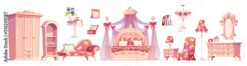 Pink bedroom, princess room furniture. Luxury interior elements, romantic vintage bed with canopy, floor lamp, wardrobe, mirror, table and armchair with chest of drawers, isolated cartoon vector set