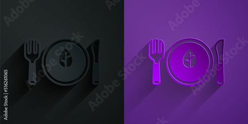 Paper cut Vegan food diet icon isolated Paper cut background. Organic, bio, eco symbol. Vegan, no meat, lactose free, healthy, fresh and nonviolent food. Paper art style. Vector
