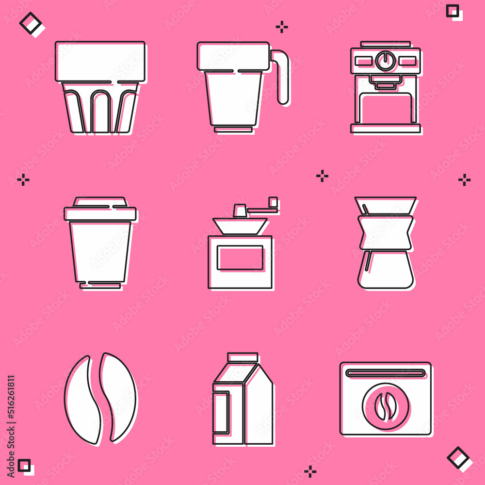 Set Glass with water, Coffee cup, machine, to go, Manual coffee grinder, Pour over maker, beans and Bag icon. Vector Set Glass with water, Coffee cup, machine, to go, Manual coffee grinder, Pour over maker, beans and Bag icon. Vector