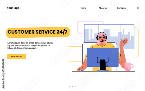Customer support service landing page. Call center online help concept with specialist solve client problems via internet. Operator staff in headset work on pc at hotline, Line art vector web banner