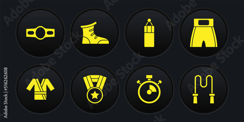 Set Japanese costume Kimono, Boxing short, Medal, Stopwatch, Punching bag, Sport boxing shoes, Jump rope and belt icon. Vector