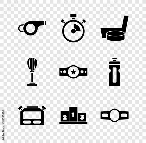 Set Whistle, Stopwatch, Ice hockey stick and puck, Award over sports winner podium, Boxing belt, Punching bag and icon. Vector