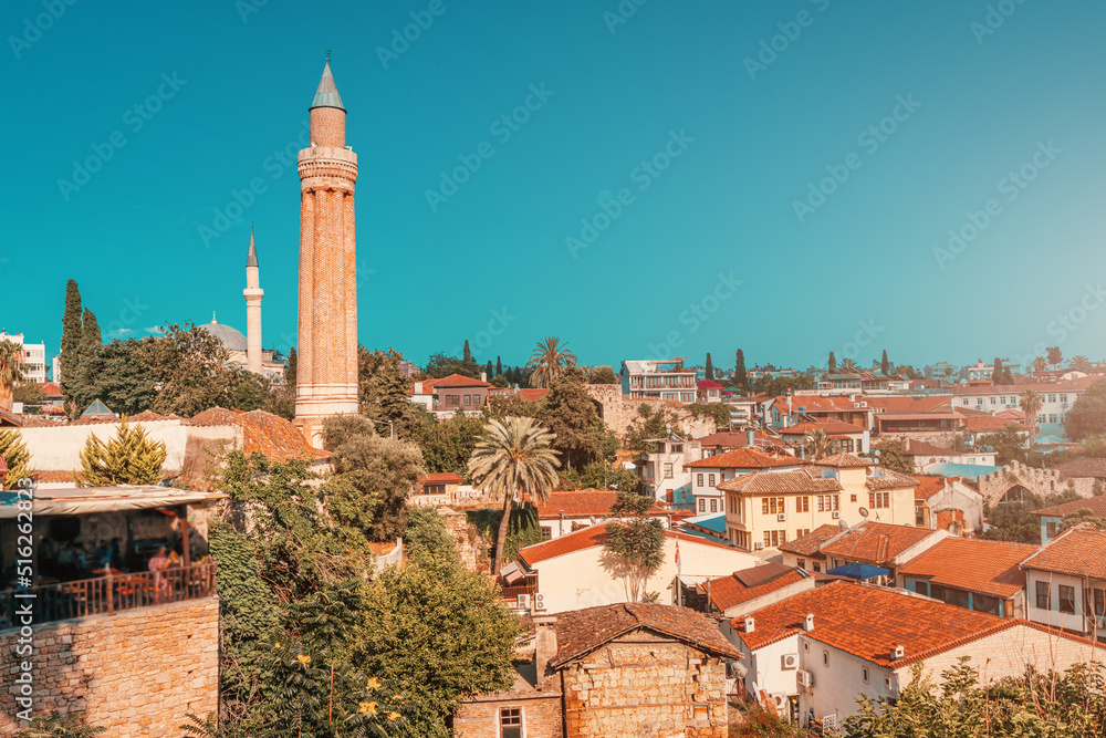 Yivli or flute minaret mosque is a religious symbol and travel landmark of Antalya resort town in Turkey. Attractions and destinations in Kaleice old town