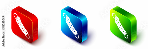 Isometric Washcloth icon isolated on white background. Bath house sauna washcloth sign. Item for pleasure and relaxing. Red, blue and green square button. Vector