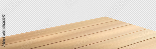 Dining wooden table top, corner perspective realistic vector illustration. Kitchen countertop from wood, angle view isolated on transparent background