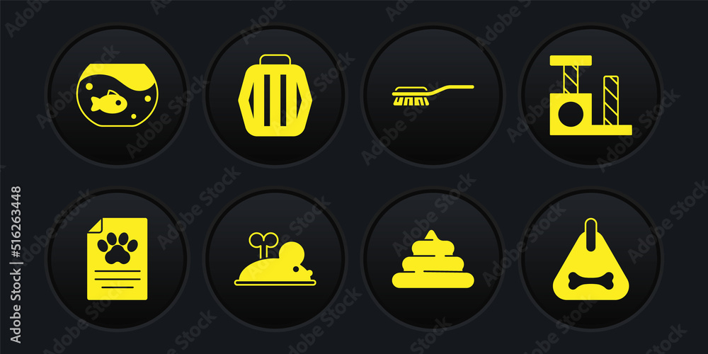 Set Clinical record pet, Cat scratching post, Clockwork mouse, Shit, Hair brush for dog and cat, Pet carry case, Dog collar and Aquarium with fish icon. Vector Set Clinical record pet, Cat scratching post, Clockwork mouse, Shit, Hair brush for dog and cat, Pet carry case, Dog collar and Aquarium with fish icon. Vector