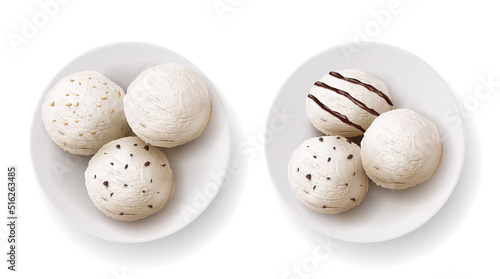 Ice cream ball with chocolat and strowberry sauces syrup, cookie chips and nuts realistic vector illustration. Vanilla sphere scoop sundae on plate, sorbet 3D isolated icons on white background