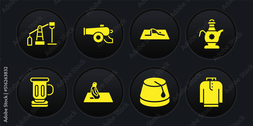 Set Medieval goblet, Islamic teapot, Muslim man prays, Turkish hat, Ramadan cannon, Shirt kurta and Oil pump or pump jack icon. Vector Set Medieval goblet, Islamic teapot, Muslim man prays, Turkish hat, Ramadan cannon, Shirt kurta and Oil pump or pump jack icon. Vector