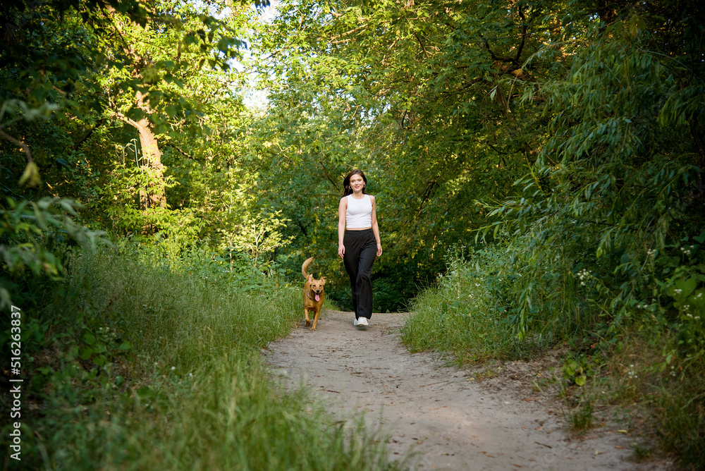 Young beautiful smiling woman walking with her dog in the woods Young beautiful smiling woman walking with her dog in the woods