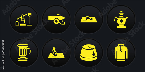 Set Medieval goblet, Islamic teapot, Muslim man prays, Turkish hat, Ramadan cannon, Shirt kurta and Oil pump or pump jack icon. Vector