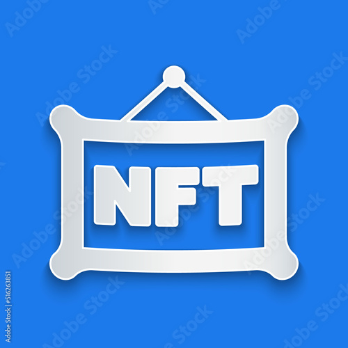 Paper cut NFT Digital crypto art icon isolated on blue background. Non fungible token. Paper art style. Vector