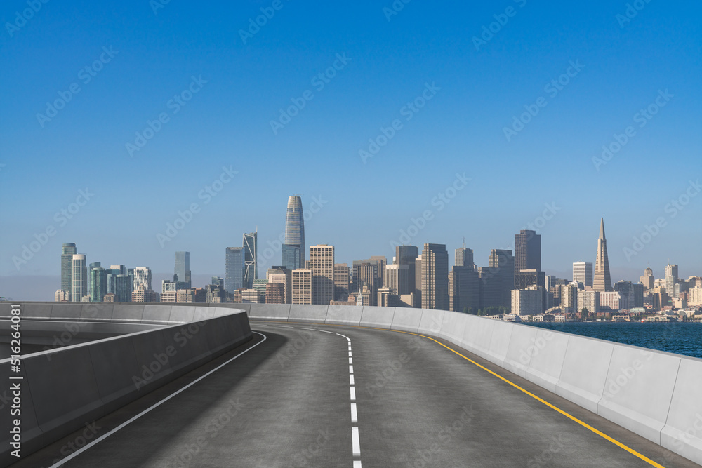 Empty urban asphalt road exterior with city buildings background. New modern highway concrete construction. Concept way to success. Transportation logistic industry fast delivery. San Francisco. USA. Empty urban asphalt road exterior with city buildings background. New modern highway concrete construction. Concept way to success. Transportation logistic industry fast delivery. San Francisco. USA.