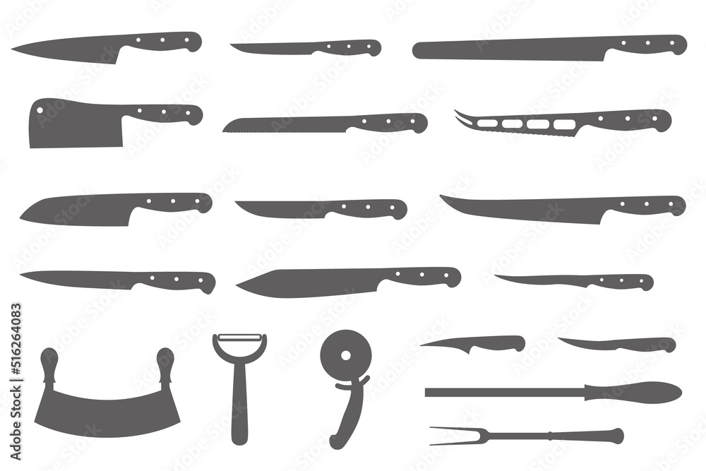Chef knives set. Butcher meat cutting design elements. Silhouettes of cook kitchenware. Vector illustration Chef knives set. Butcher meat cutting design elements. Silhouettes of cook kitchenware. Vector illustration