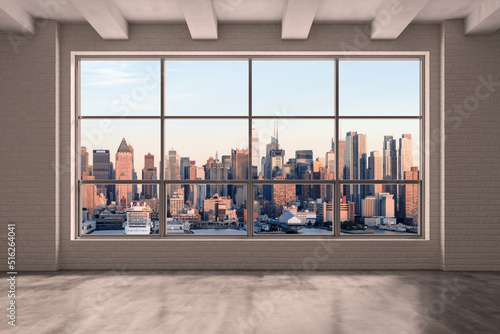Midtown New York City Manhattan Skyline Buildings from High Rise Window. Beautiful Expensive Real Estate. Empty room Interior Skyscrapers View Cityscape. Sunset West Side. 3d rendering.