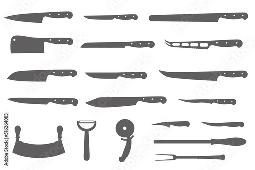 Chef knives set. Butcher meat cutting design elements. Silhouettes of cook kitchenware. Vector illustration