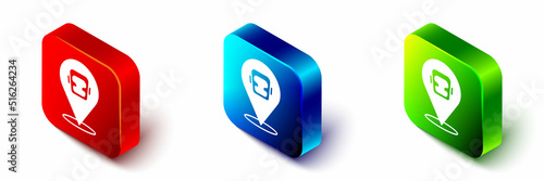 Isometric Boxing helmet icon isolated on white background. Red, blue and green square button. Vector