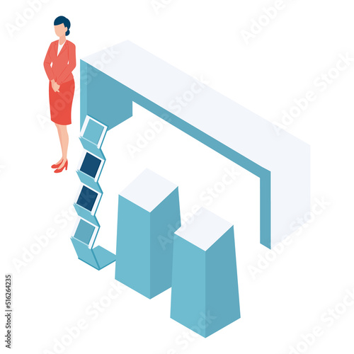 展示会ブースの什器と受付の女性のアイソメイラスト