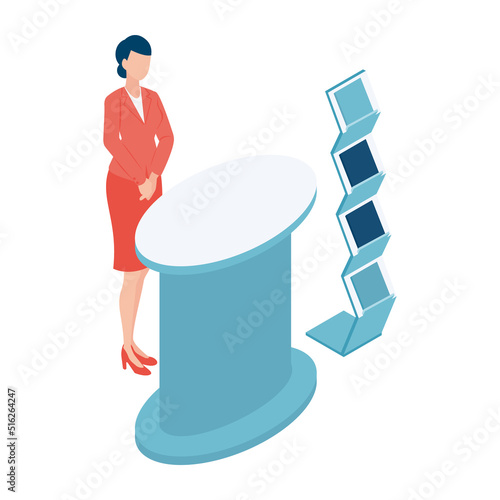 展示会ブースで受付をする女性のアイソメイラスト
