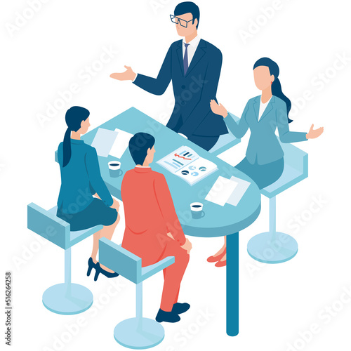 展示会のブースで商談をするビジネスパーソンのアイソメイラスト