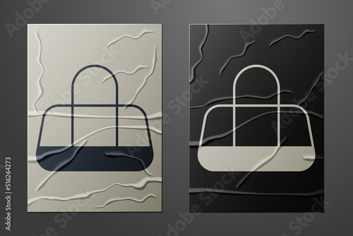White Sport bag icon isolated on crumpled paper background. Paper art style. Vector